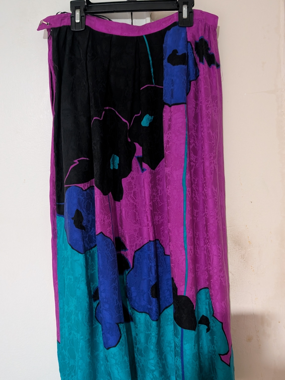 Purple Teal Floral Midi Skirt - 100% Silk